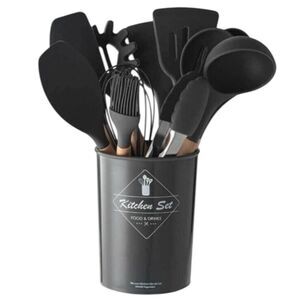 Kitchen Utensils Set Gray 12 Pcs Wooden Handle Silicone Mother’s Day Gift OW